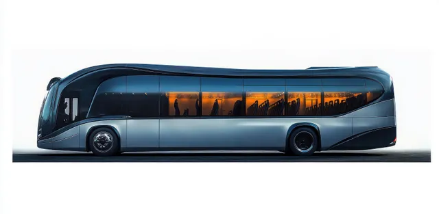 A sleek modern bus with tinted windows glowing with warm interior lights and visible seats.
