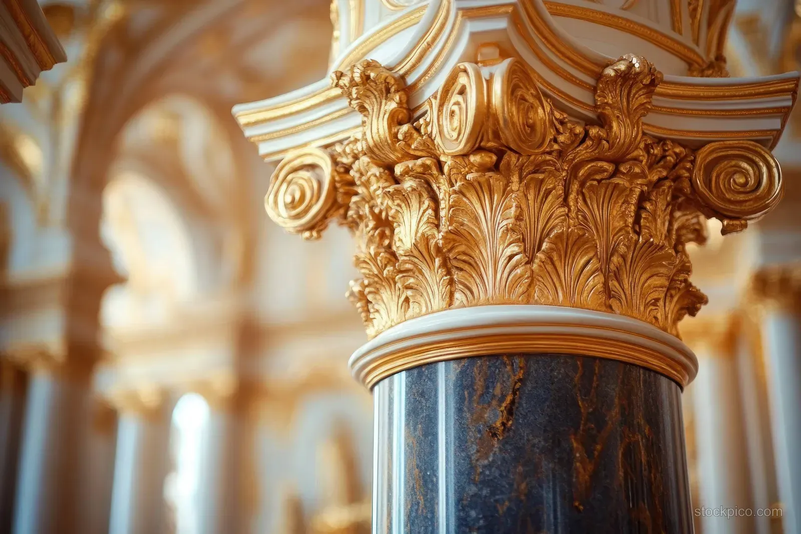 Golden Corinthian column capital with carved acanthus leaves sits on a polished dark marble column inside a classical hall.