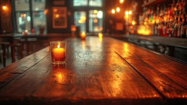 Warm amber-lit wooden pub bar counter with an unoccupied stool area and silhouetted bottles behind candles.