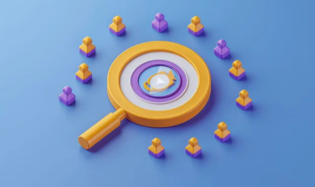 3D magnifying glass focuses on a target icon amid small team figures