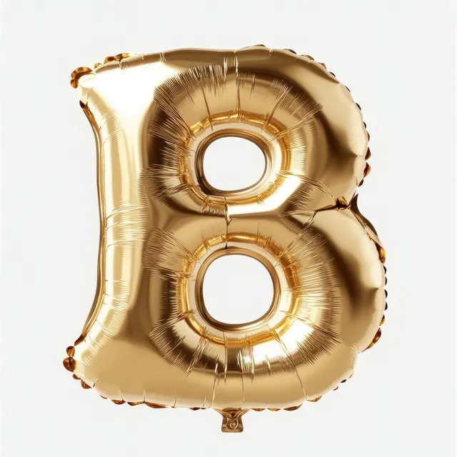Metallic gold foil letter B balloon with reflective highlights and soft creases isolated on white.