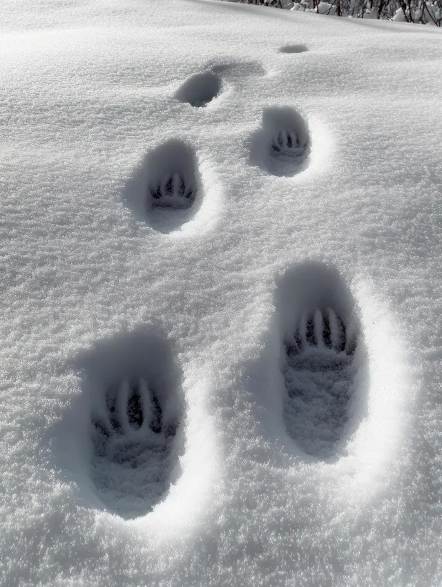 Large animal paw prints with visible claw marks pressed into fresh snow under bright daylight.