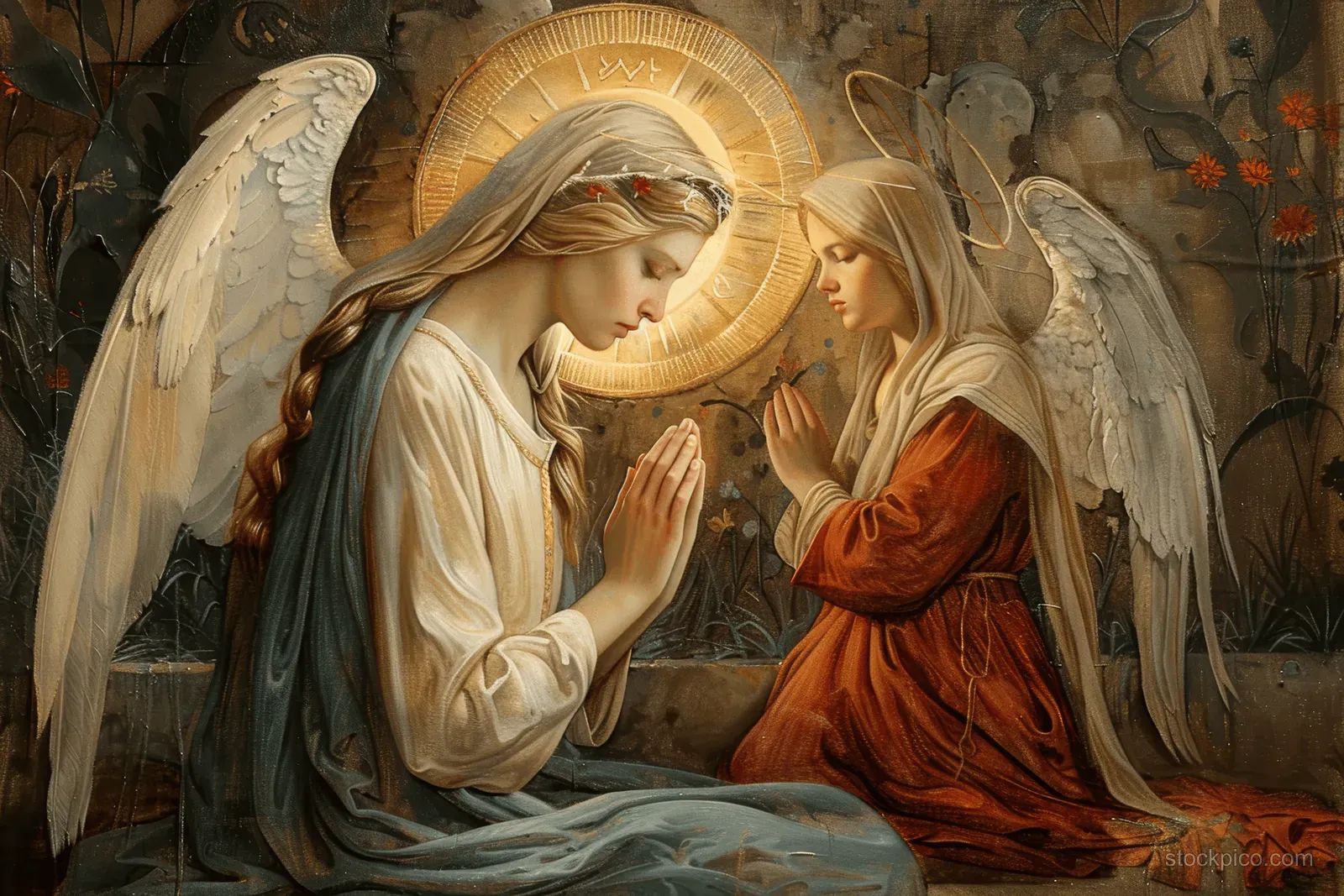 Mary kneels in prayer while an angel in red gestures toward her under a radiant golden halo in ancient Jerusalem.
