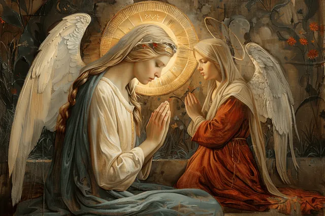 Mary praying beside an angel in ancient Jerusalem, radiant golden halo glow