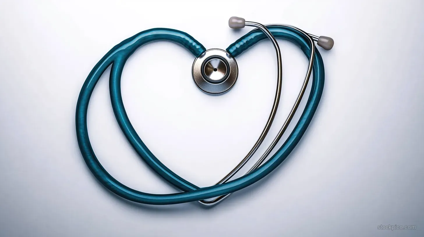 Blue stethoscope shaped into a heart on a white background representing caring medical healthcare.