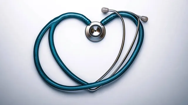 Blue stethoscope formed into a heart on a clean white background, symbolizing caring healthcare