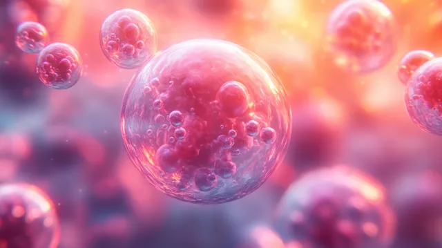 Translucent cell-like spheres float in a vibrant red and pink microscopic background with soft bokeh.