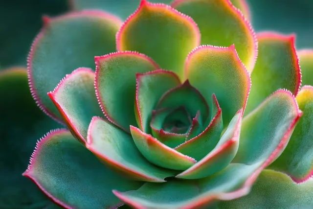 Close-up green succulent rosette with red-edged fleshy leaves in soft natural light