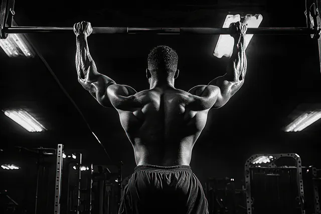Muscular man hanging from a pull-up bar in a dark gym, back muscles flexed overhead.