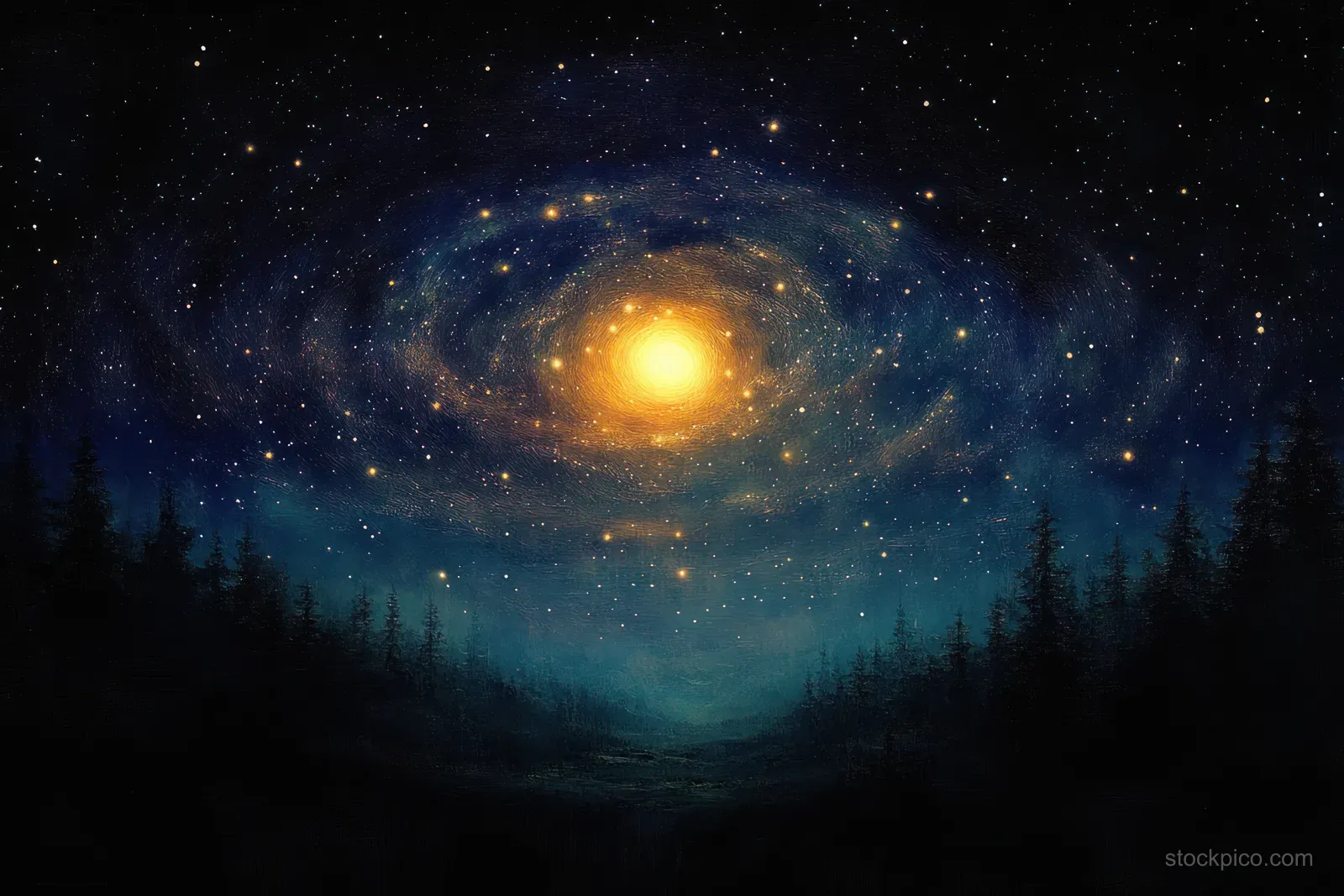 Twilight landscape with silhouetted trees and a glowing nebula of stars across a dark night sky in impressionist brushwork.
