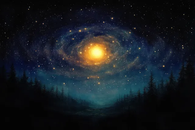 Twilight landscape with silhouetted trees and a glowing nebula of stars across a dark night sky in impressionist brushwork.