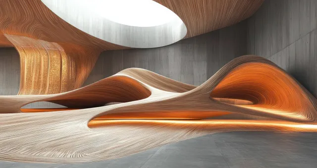 Flowing wooden interior architecture with warm embedded lights beneath a large circular skylight.