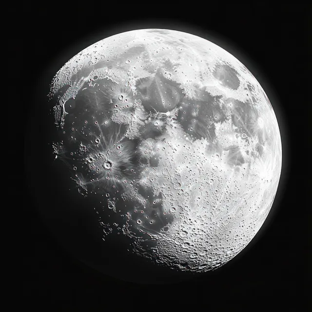 A detailed black and white full moon with visible crater textures glowing softly against a dark sky.