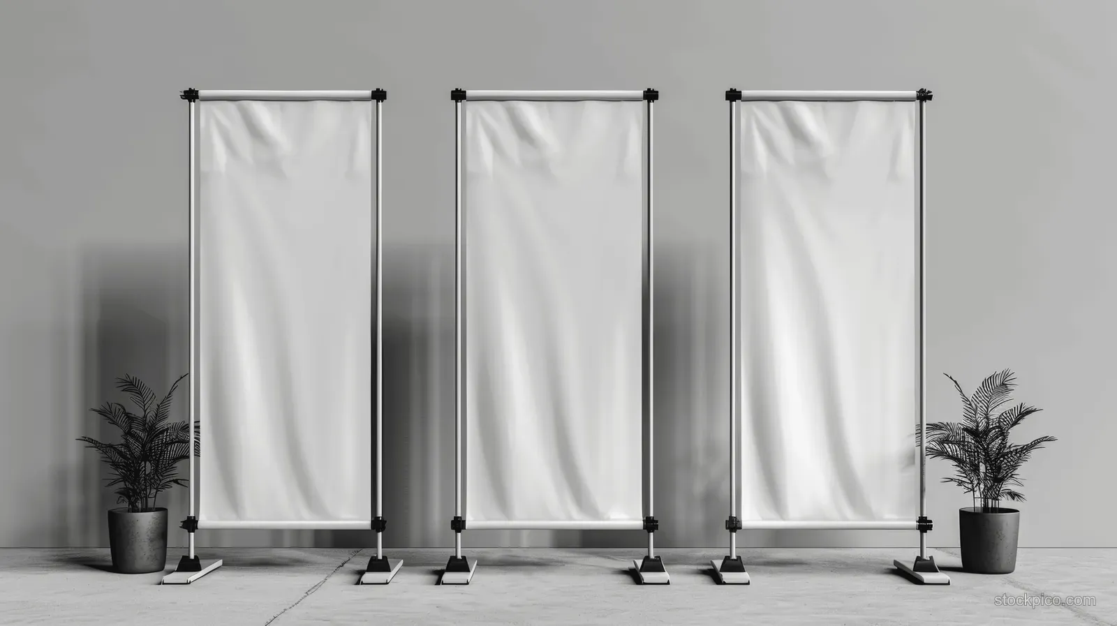 Three blank white roll-up banner stands with vertical fabric panels on a grey studio background.
