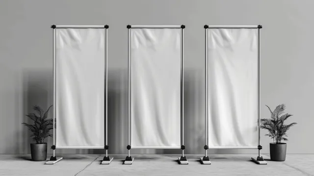 Three blank white roll-up banner stands with vertical fabric panels on a grey studio background.