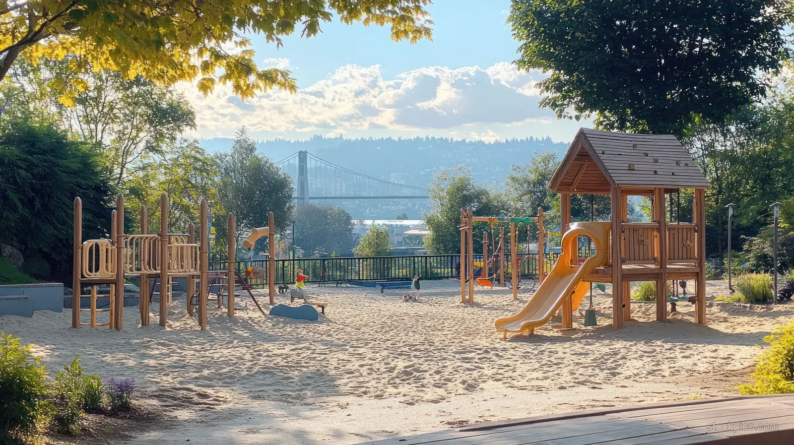 Sandy playground with wooden climbing frames and a slide, framed by trees with a distant bridge in the background.