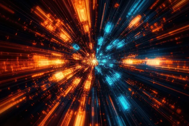 Radial burst of orange and blue digital light streaks converging to a glowing center
