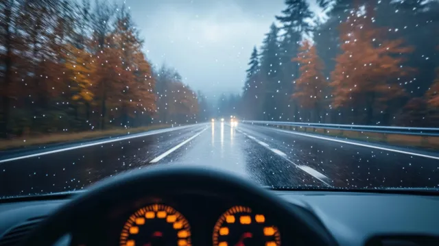 Driver’s view from car interior on rainy highway, headlights streak through wet road.