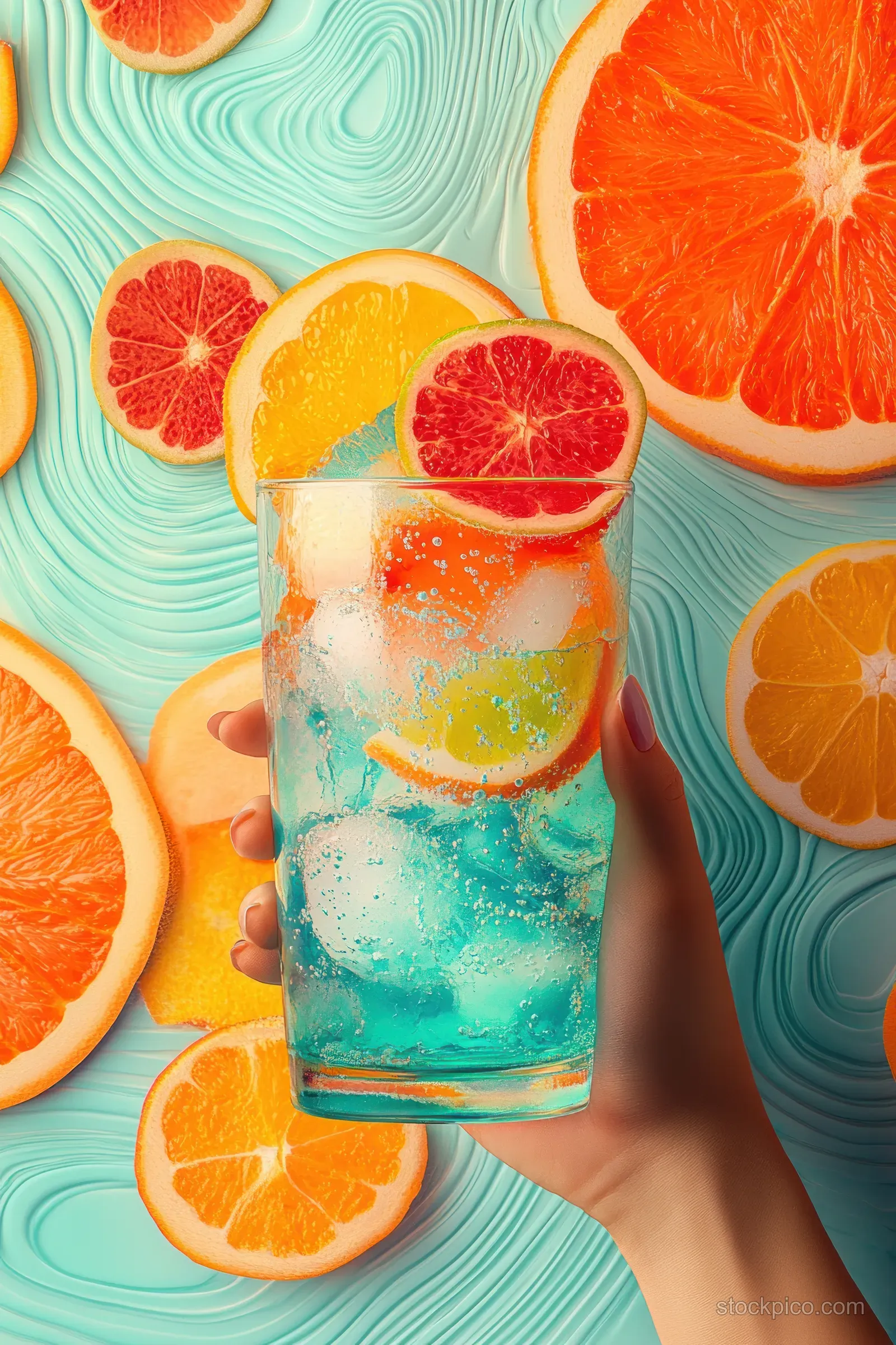 A hand holds a tall turquoise citrus cocktail beside orange and grapefruit slices over a swimmer and abstract sun background.