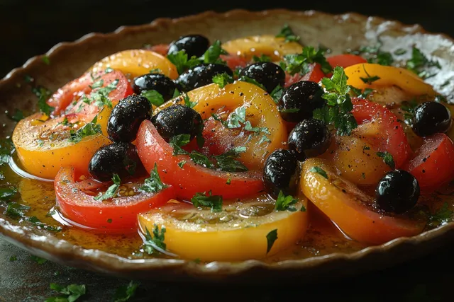 Heirloom tomatoes and black olives in a salad bowl drizzled with olive oil and herbs.