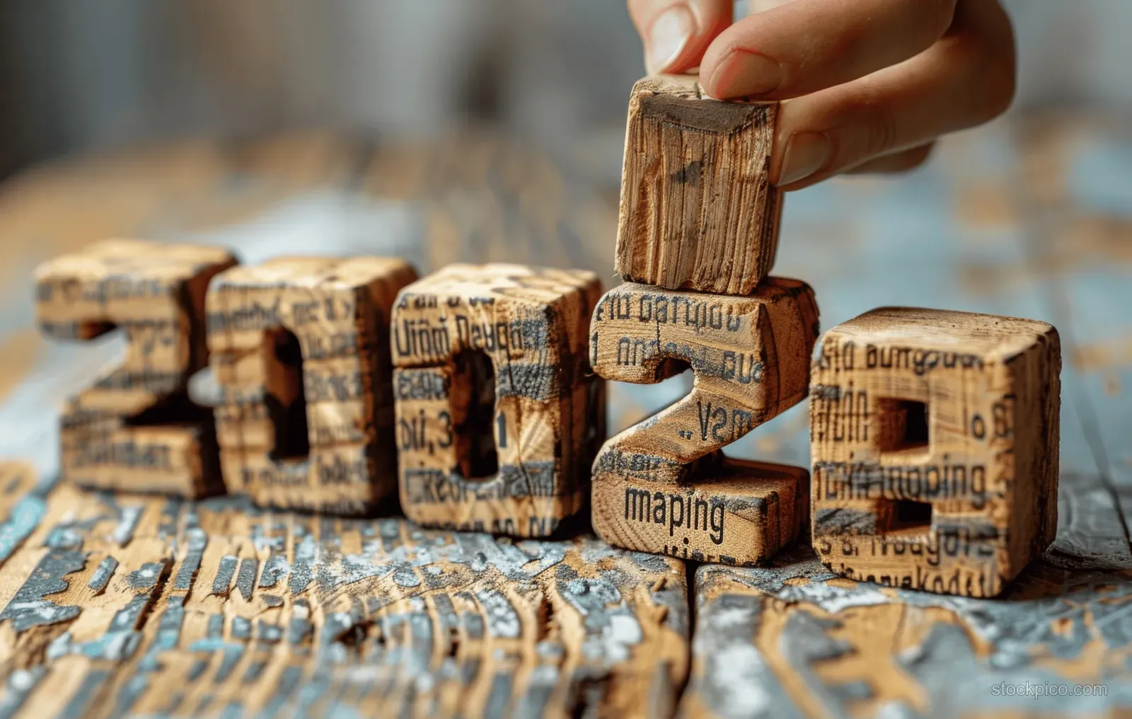 Hand stacks wooden blocks showing the years 2024 and 2025 on a budgeting document background.