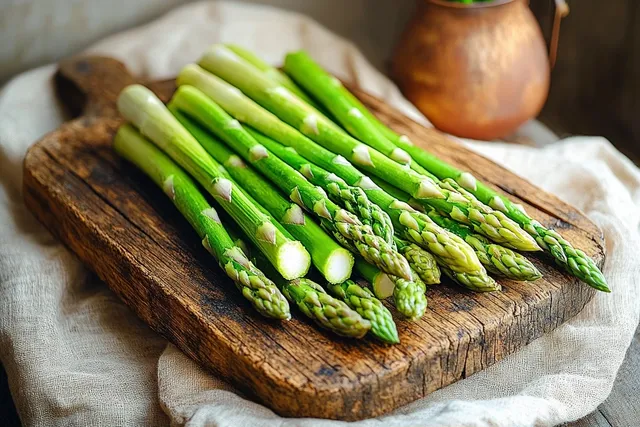 Fresh green asparagus spears arranged on rustic cutting board with natural fabric backdrop with Farm To Table