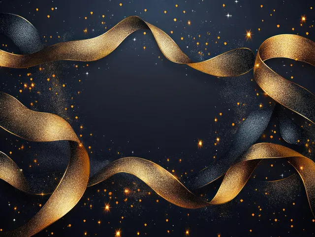 Golden ribbon loop invitation card over dark starry background with sparkling confetti