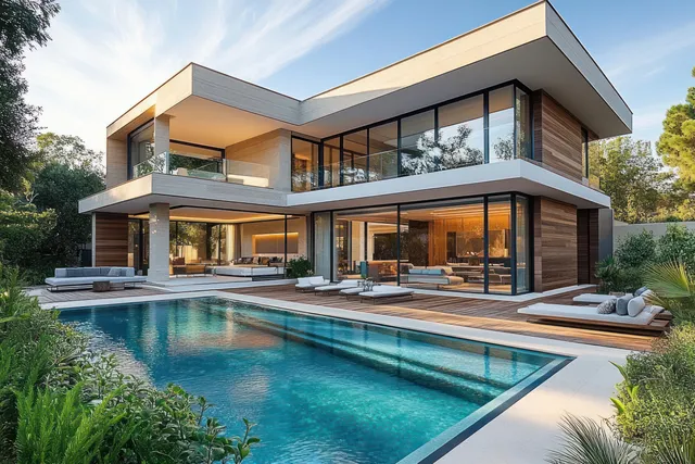 A modern two-story house with glass windows and a furnished patio sits beside a clear blue swimming pool in a green landscaped yard.