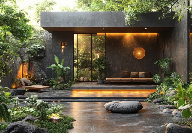 Concrete-walled garden courtyard with warm lighting, stone steps, and lush plants surrounding a seating area.