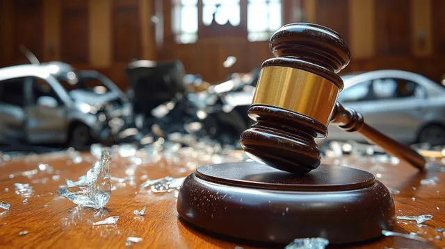 Mazo judicial de madera sobre una mesa de tribunal con fragmentos de cristal roto y coches destrozados desenfocados detrás.