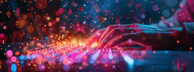Futuristic fiber-optic cable glowing with data streams across a dark network background