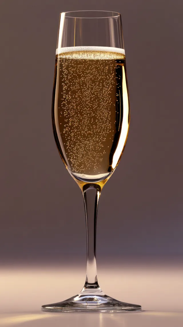 A tall champagne flute filled with sparkling bubbly drink with bubbles rising against a soft brown background.