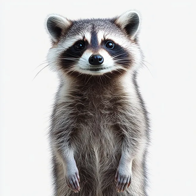 A cute raccoon stands upright with fluffy fur and bright eyes, facing the viewer on a white background.
