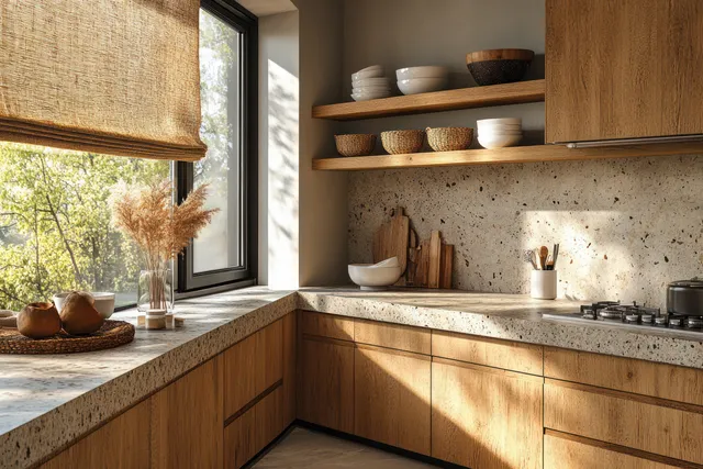 Scandinavian kitchen corner with wooden cabinets, speckled stone counters, open shelves, and sunlit window light.