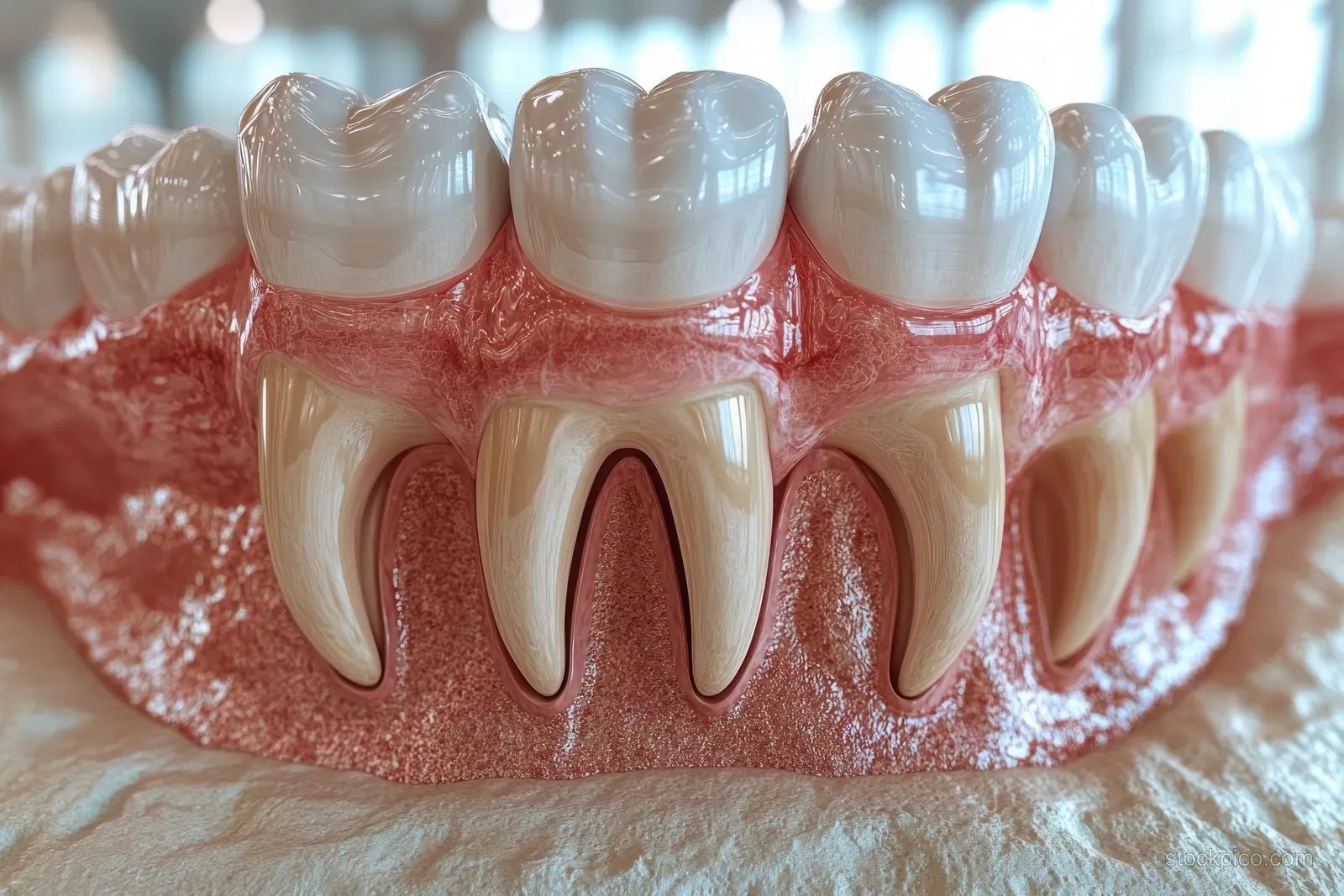 Dental cross-section model showing healthy enamel and inflamed gums with visible redness and swelling.