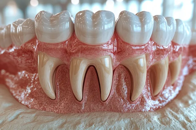Cross-section dental model showing healthy enamel versus inflamed gums with swelling details