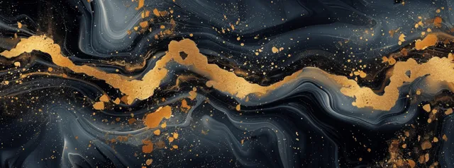 Black and gold marbled waves with glittering splashes flow across a dark textured background.