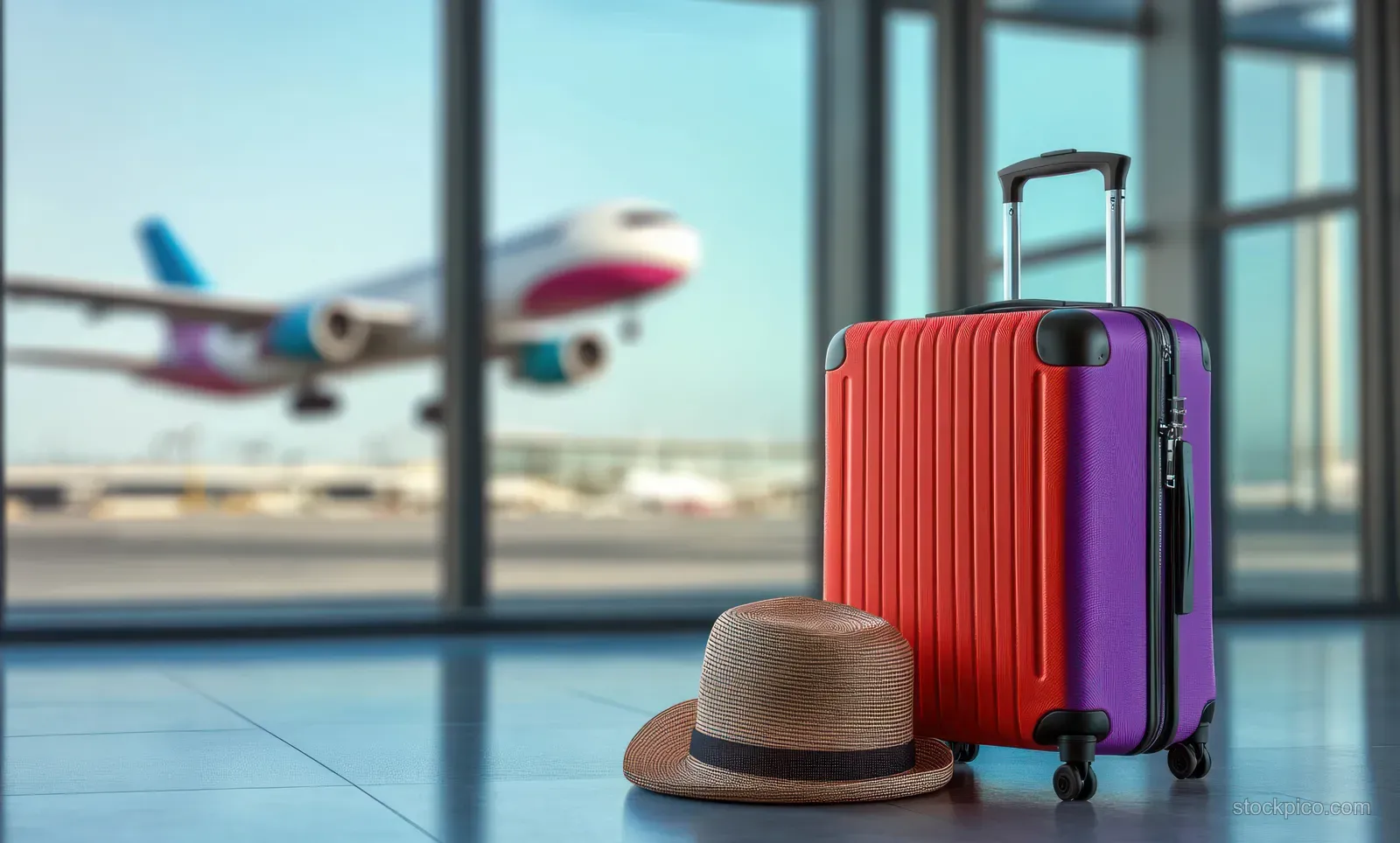 Red and purple suitcase with a straw hat resting by an airport window as an airplane waits outside.