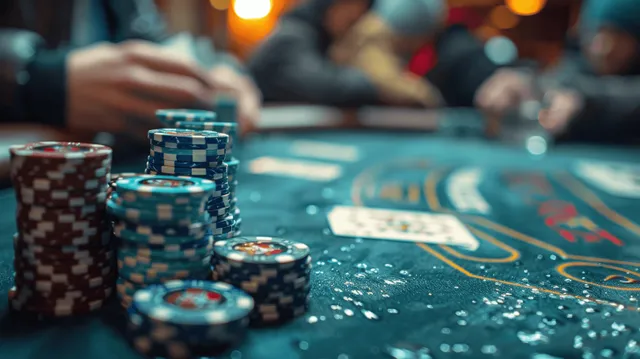 Hands deal poker cards beside stacked blue and black chips on a green table under warm night lights.
