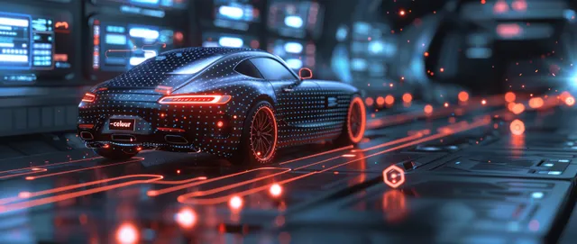Futuristic electric sports car in a neon laboratory with glowing HUD data lines and charging lights on the floor.
