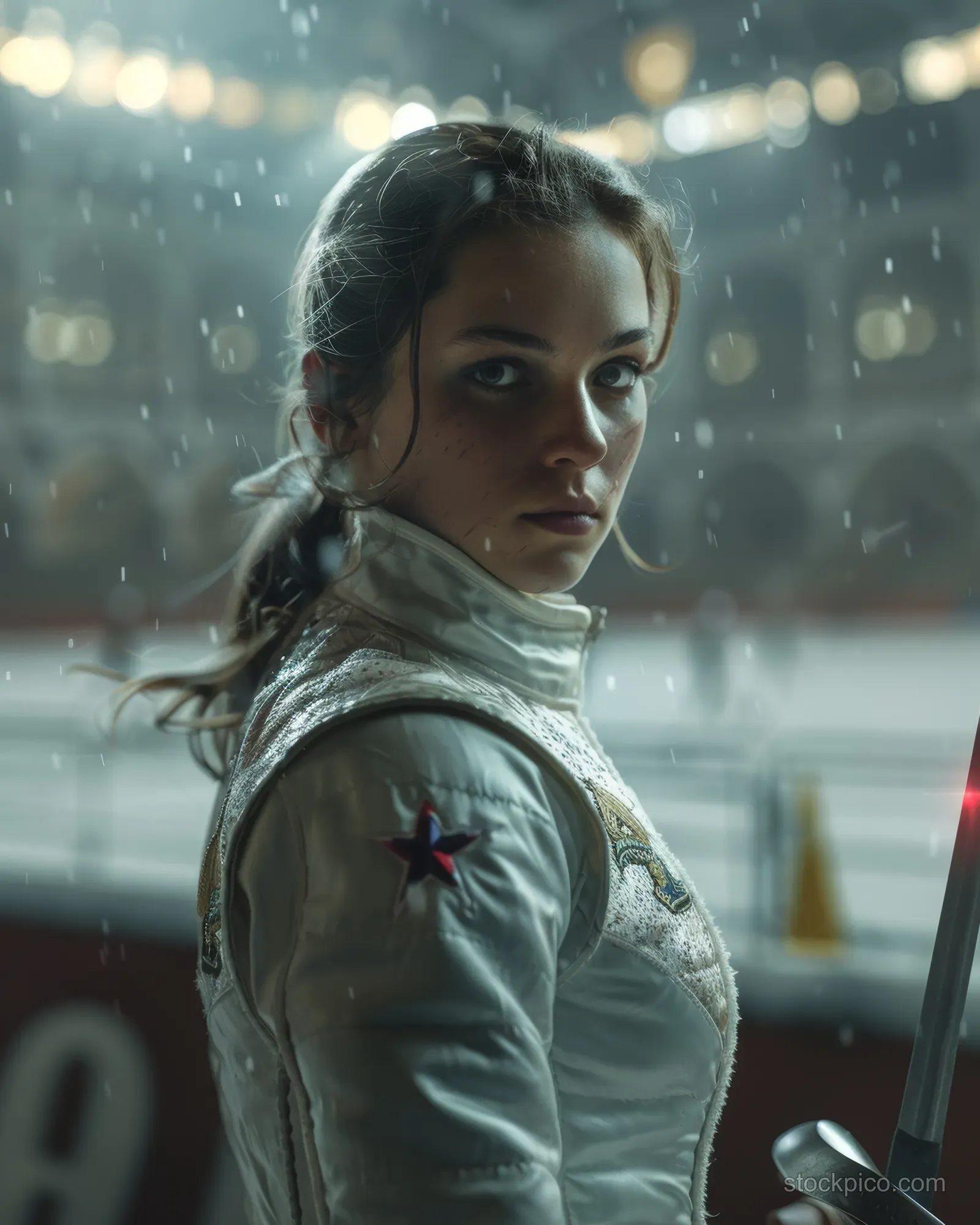 Russian female sabre fencer stands in fencing arena attire, looking forward as arena lights blur behind her.