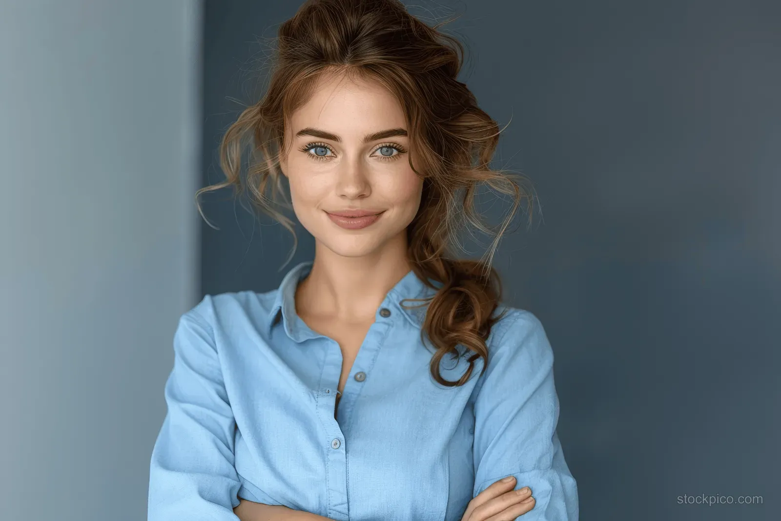 Young woman with light brown wavy hair smiles in a light blue button-up shirt against a gray studio background.