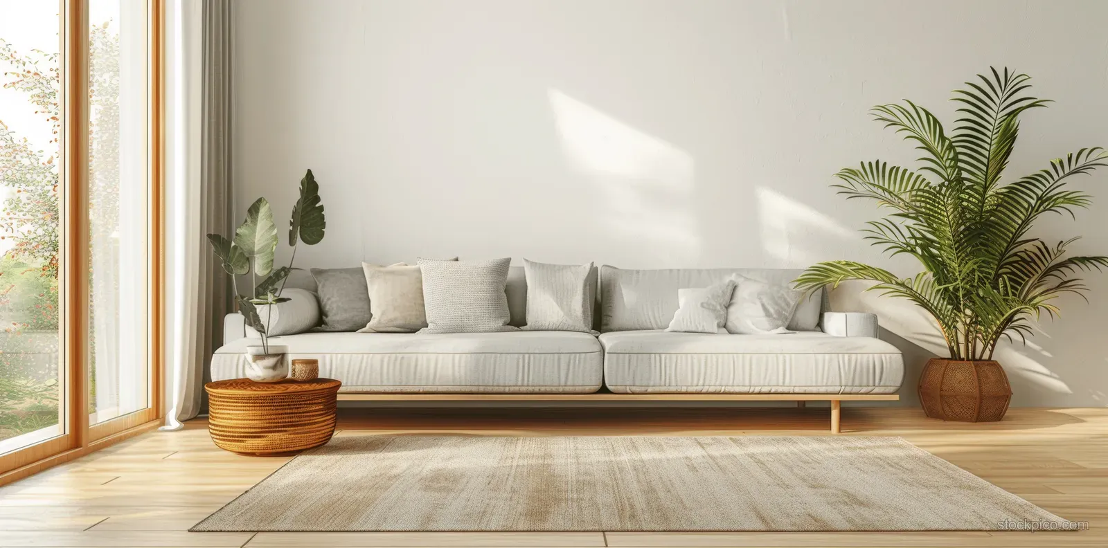 Minimalist living room 3D render with a light sofa, wooden side table, potted plants, and bright window light.