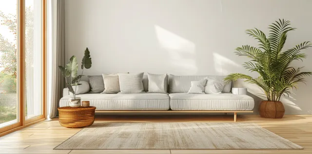 Minimalist living room 3D render with a light sofa, wooden side table, potted plants, and bright window light.