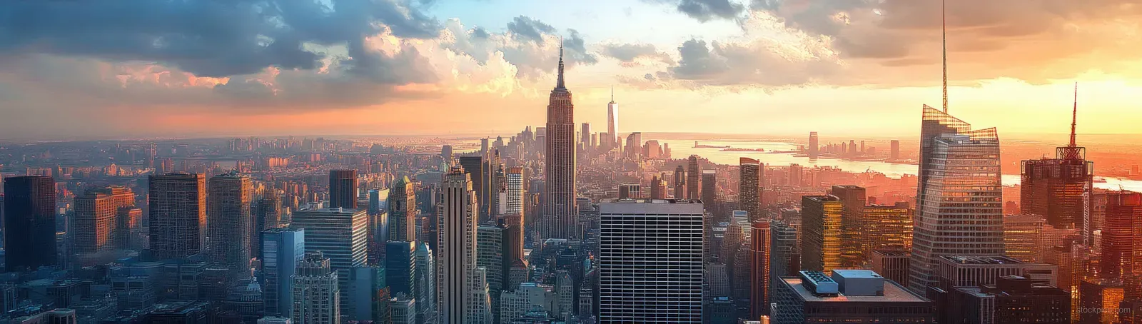 Manhattan skyline at sunset with modern skyscrapers silhouetted against warm twilight clouds and a glowing horizon.