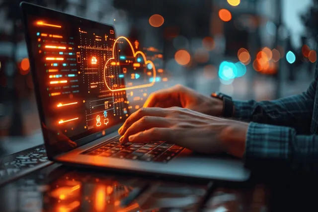 Businessman typing on laptop showing cloud and locked security icons on virtual screen