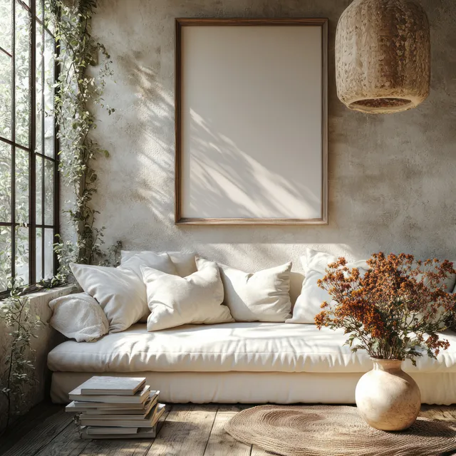 White sofa beneath a large blank frame on a textured wall with soft daylight and dried flowers in a vase.