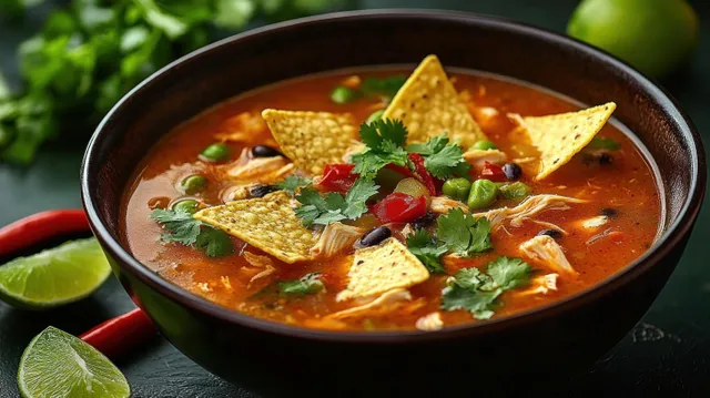 Spicy chicken tortilla soup bowl topped with tortilla chips and cilantro alongside lime wedges and chili peppers.
