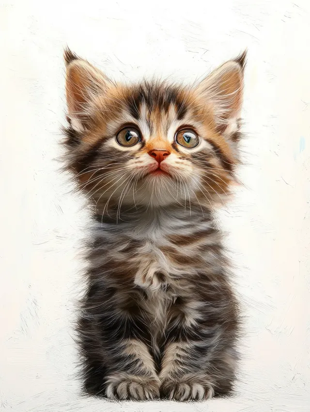 Fluffy young tabby kitten sits on a light background looking upward with wide curious eyes and whiskers.