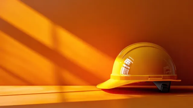 Yellow hard hat resting beside a tool on an orange geometric background with soft lighting.